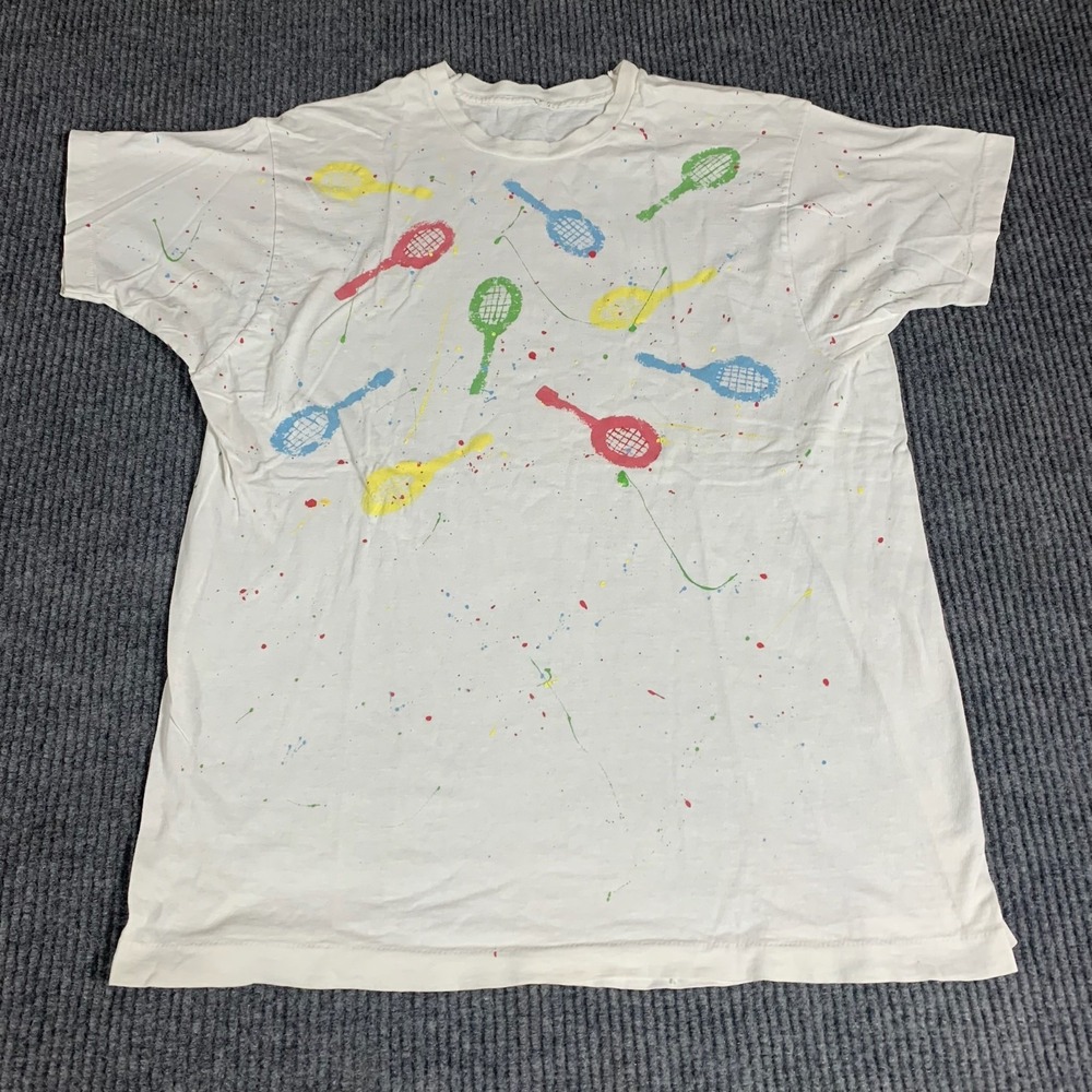 VTG‎ Fruit of the Loom T Shirt Adult Medium White Single Stitch Paint Art Tennis